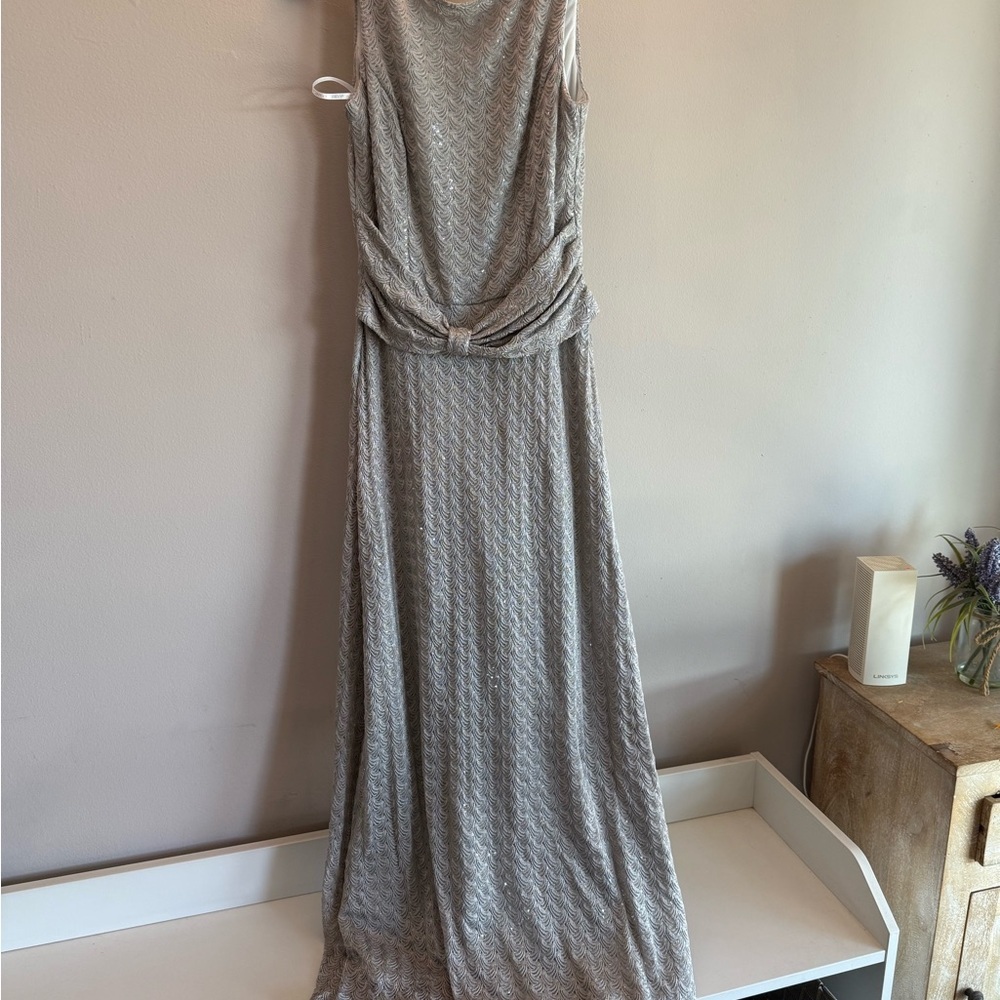 Sleeveless Metallic Chevron Sequin Draped Waist Maxi Formal Evening‎ Gown Silver